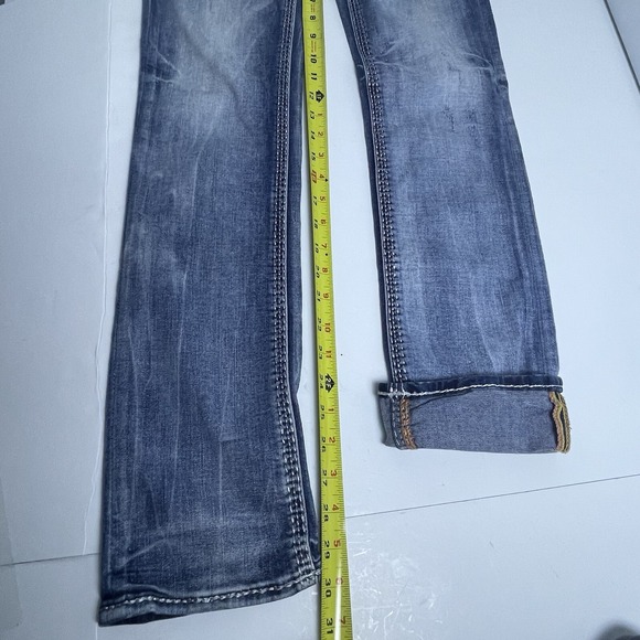 Rock Revival 27 Barbila Jeans Low Rise Skinny Blue Denim Distressed Embroidered - Picture 12 of 15
